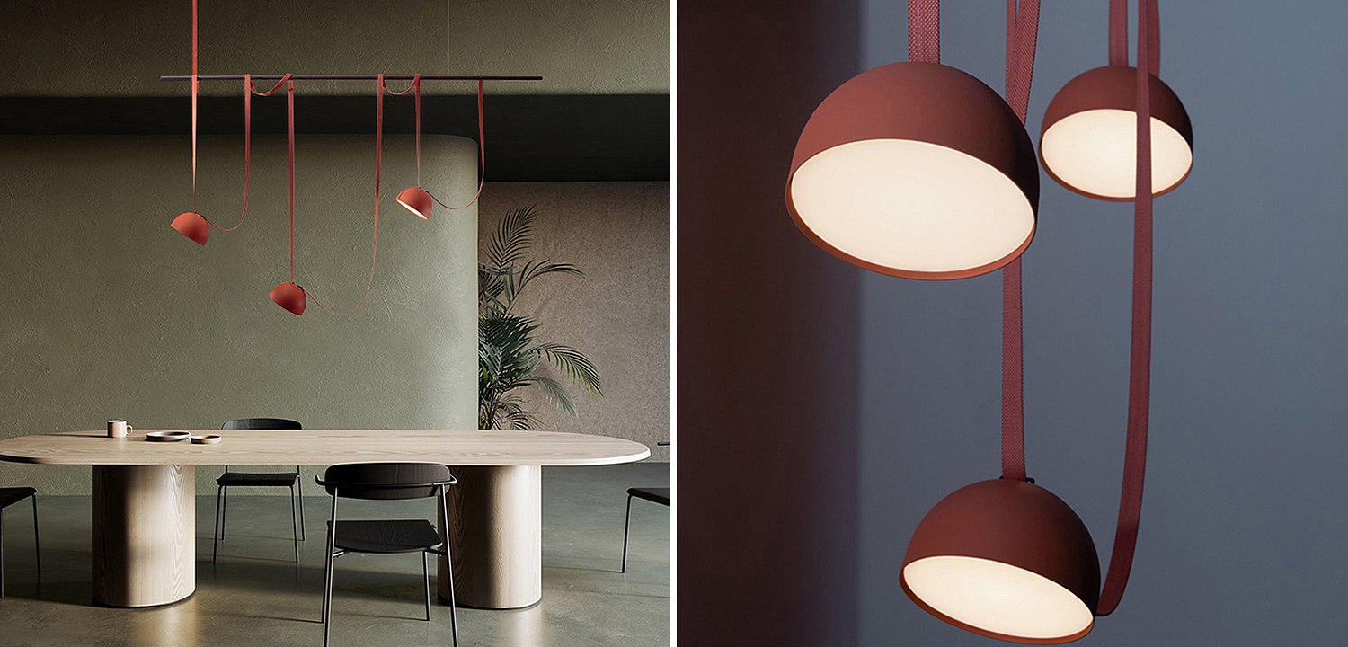 Vibia PLUSMINUS комбинация подвесных светодиодных светильников c красными абажурами на черной рейке с текстильными ремнями Vibia PLUSMINUS комбинация подвесных светодиодных светильников c красными абажурами на черной рейке с текстильными ремнями - Loft-Concept в Рязани
