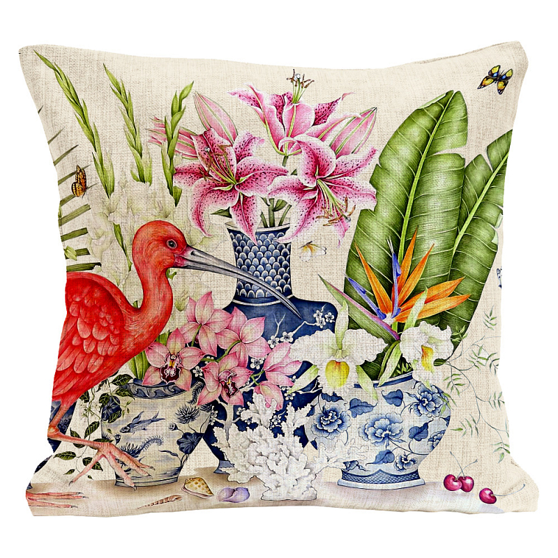 Декоративная подушка Flowers and Scarlet Ibis Pillow Мульти Бежевый Декоративная подушка Flowers and Scarlet Ibis Pillow Мульти Бежевый в Рязани | Loft Concept
