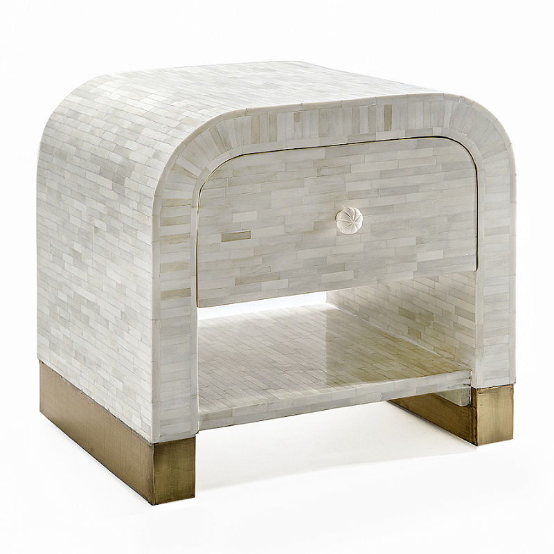 Тумбочка прикроватная с ящиком Tofino White Bone Inlay  Bedside Cabinet   ivory ( слоновая кость ) в Рязани | Loft Concept 