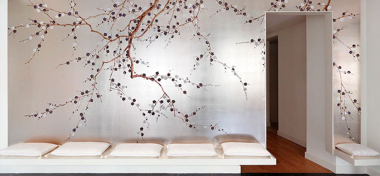 Обои ручная роспись Plum Blossom Lavender on Tarnished Silver gilded paper Обои ручная роспись Plum Blossom Lavender on Tarnished Silver gilded paper - Loft-Concept в Рязани