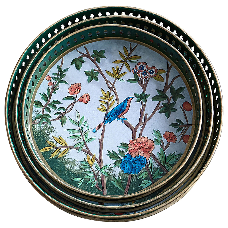 Комплект из 3-х подносов из металла в стиле Шинуазри Chinoiserie Flower Мульти в Рязани | Loft Concept 
