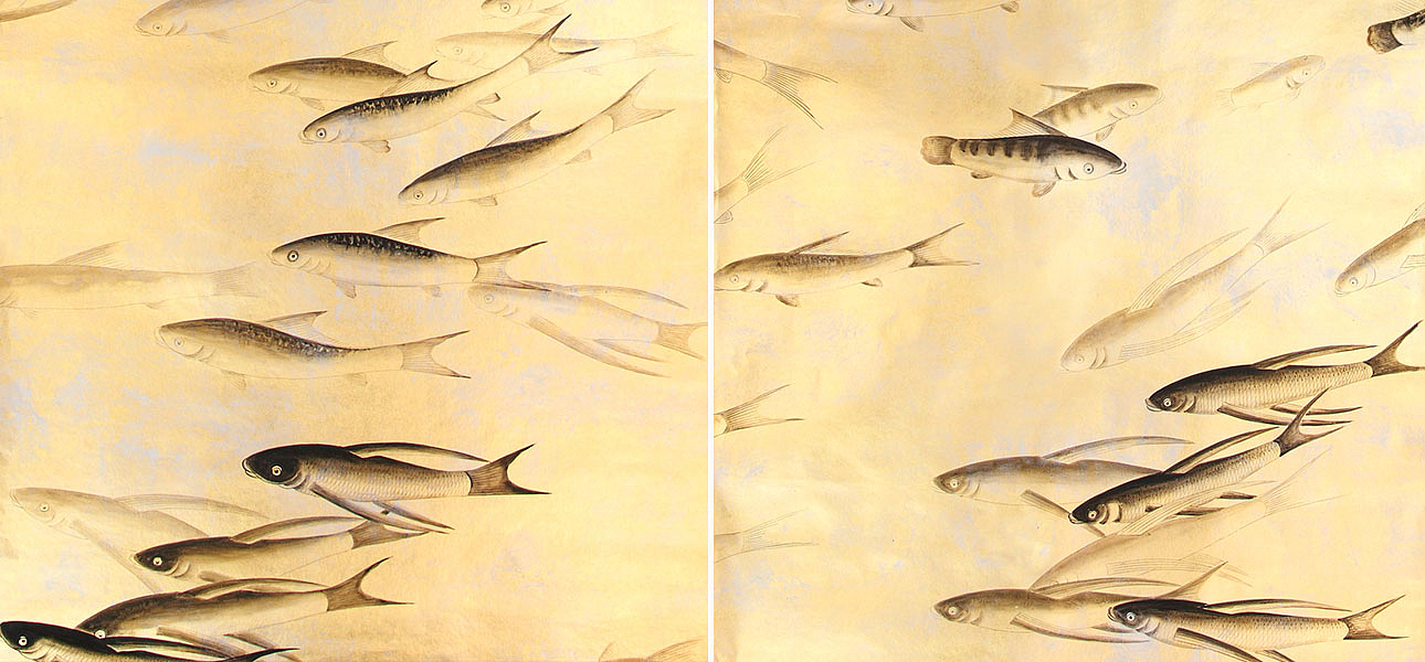 Обои ручная роспись Fishes Original colourway on Deep Rich Gold gilded paper with d?sargenter pearlescent antiquing Обои ручная роспись Fishes Original colourway on Deep Rich Gold gilded paper with d?sargenter pearlescent antiquing - Loft-Concept в Рязани