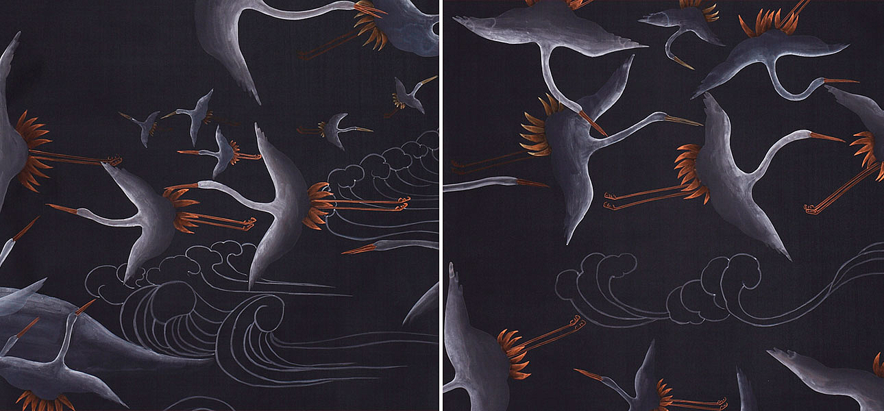 Обои ручная роспись Cranes Scroll Limewash on Pitch dyed silk Обои ручная роспись Cranes Scroll Limewash on Pitch dyed silk - Loft-Concept в Рязани