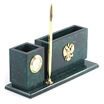 Настольный письменный набор с гербом России и часами из природного камня змеевик Successful Leader варинант исполнения - 2 | Loft Concept в Рязани