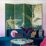 Обои ручная роспись в стиле Арт-деко Whistler Peacocks Original colourway on green painted silk варинант исполнения - 1 | Loft Concept в Рязани