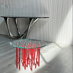 Дизайнерский журнальный стол с круглой прозрачной столешницей и основанием в виде красных металлических тросов Wires варинант исполнения - 2 | Loft Concept в Рязани