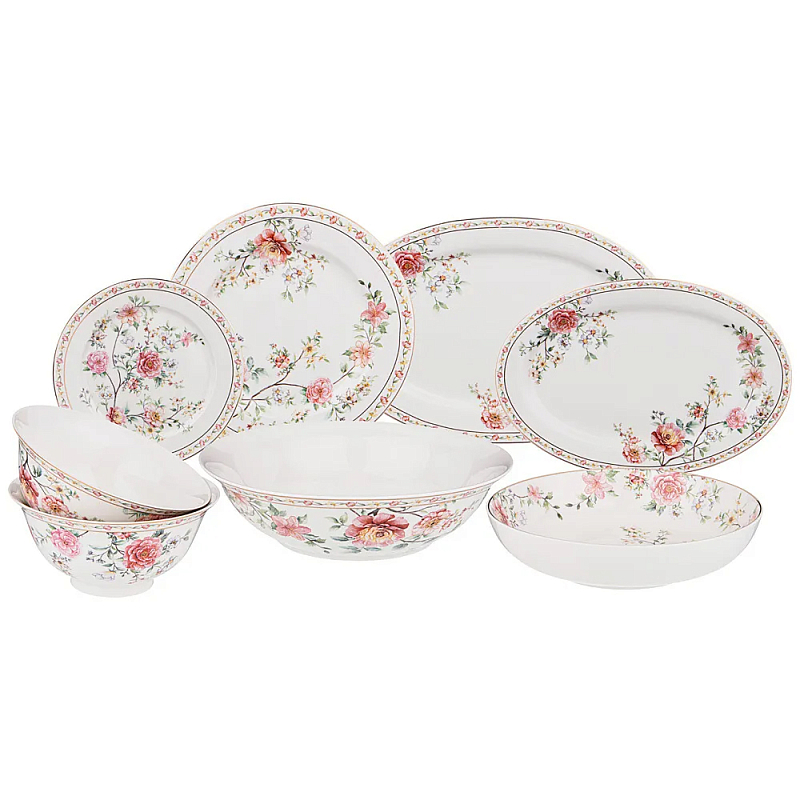 Сервиз обеденный из фарфора 23 предмета Flower Porcelain Collection Белый Красный Зеленый Сервиз обеденный из фарфора 23 предмета Flower Porcelain Collection Белый Красный Зеленый в Рязани | Loft Concept