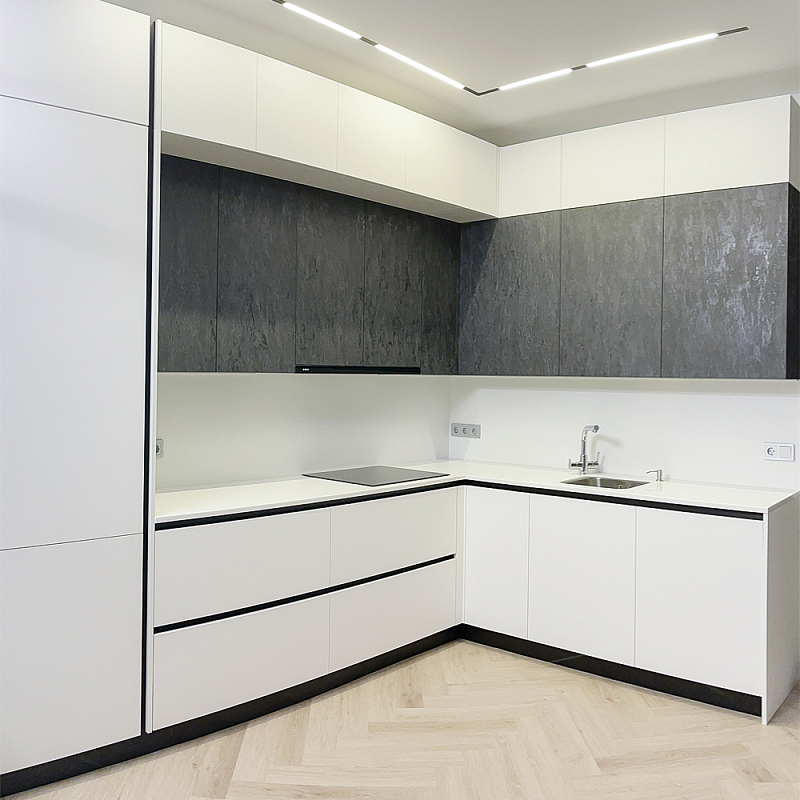 Угловой кухонный гарнитур Жемчужный белый Серый Clarke Kitchen Set White Grey Белый Темно-серый Угловой кухонный гарнитур Жемчужный белый Серый Clarke Kitchen Set White Grey Белый Темно-серый в Рязани | Loft Concept
