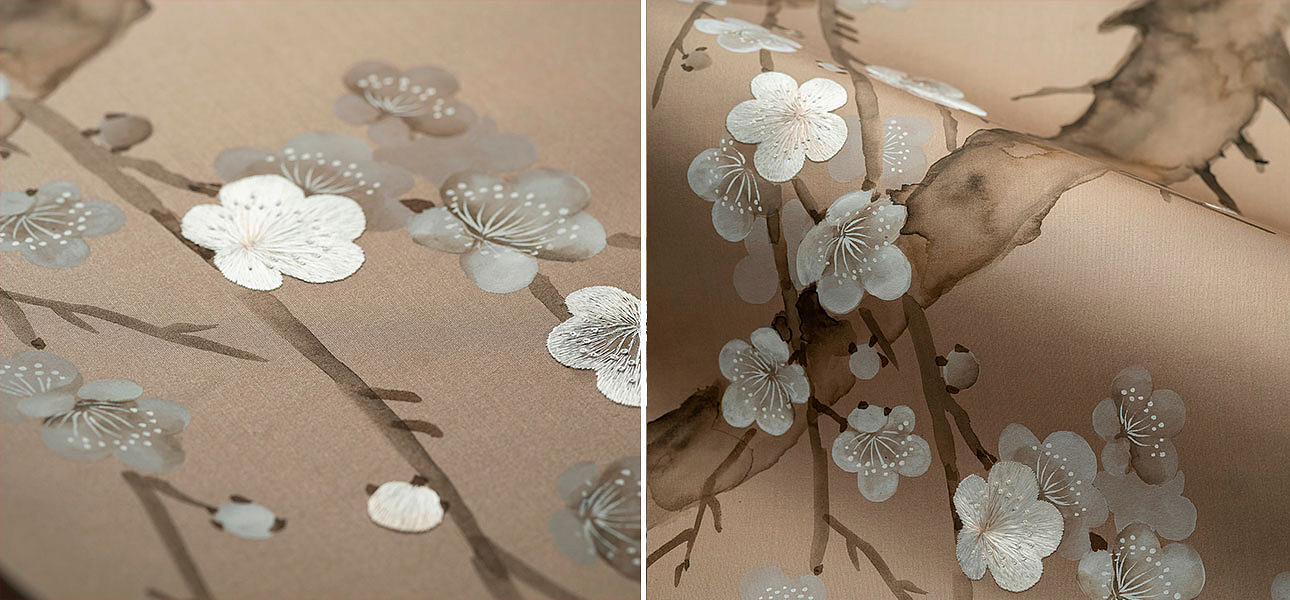 Обои ручная роспись Plum Blossom Colourway SC-232 on Lead Grey dyed silk Обои ручная роспись Plum Blossom Colourway SC-232 on Lead Grey dyed silk - Loft-Concept в Рязани