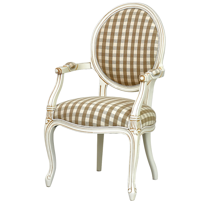 Стул с подлокотниками и круглой спинкой Checkered Upholstery Chair обивка в клетку ivory ( слоновая кость ) Коричневый Бежевый Стул с подлокотниками и круглой спинкой Checkered Upholstery Chair обивка в клетку ivory ( слоновая кость ) Коричневый Бежевый в Рязани | Loft Concept
