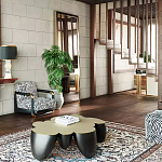 Дизайнерский журнальный стол округлой формы чёрный с золотой столешницей Fufem варинант исполнения - 3 | Loft Concept в Рязани