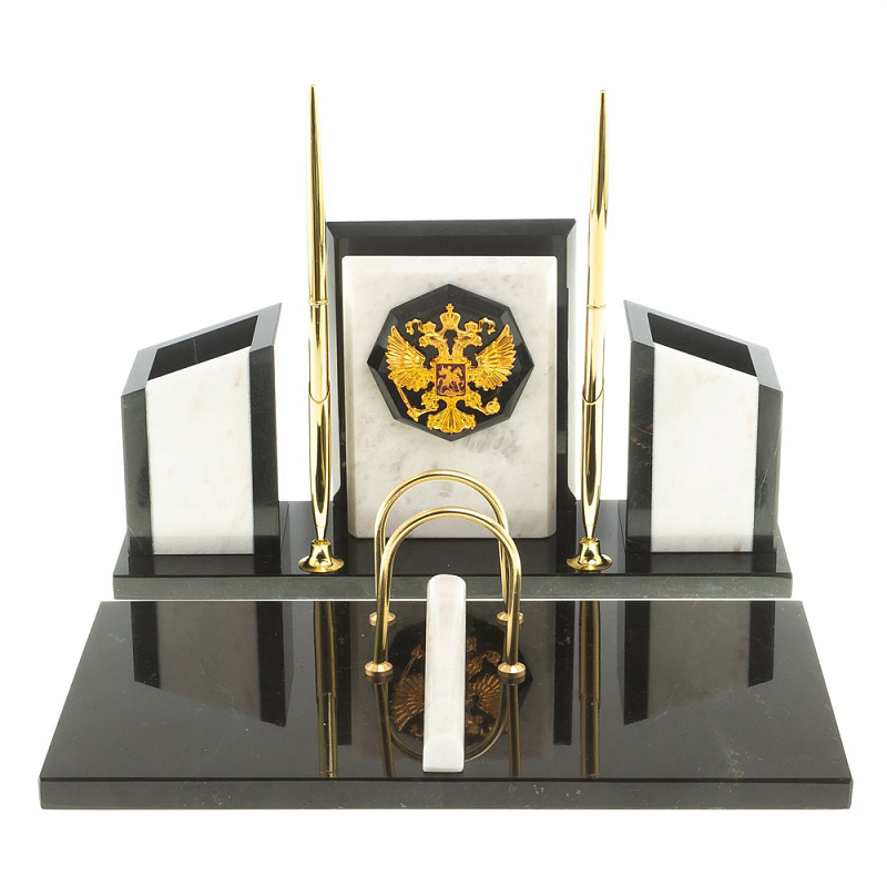 Настольный письменный набор из мрамора и змеевика с гербом России Marble Accessory Белый Черный Настольный письменный набор из мрамора и змеевика с гербом России Marble Accessory Белый Черный в Рязани | Loft Concept