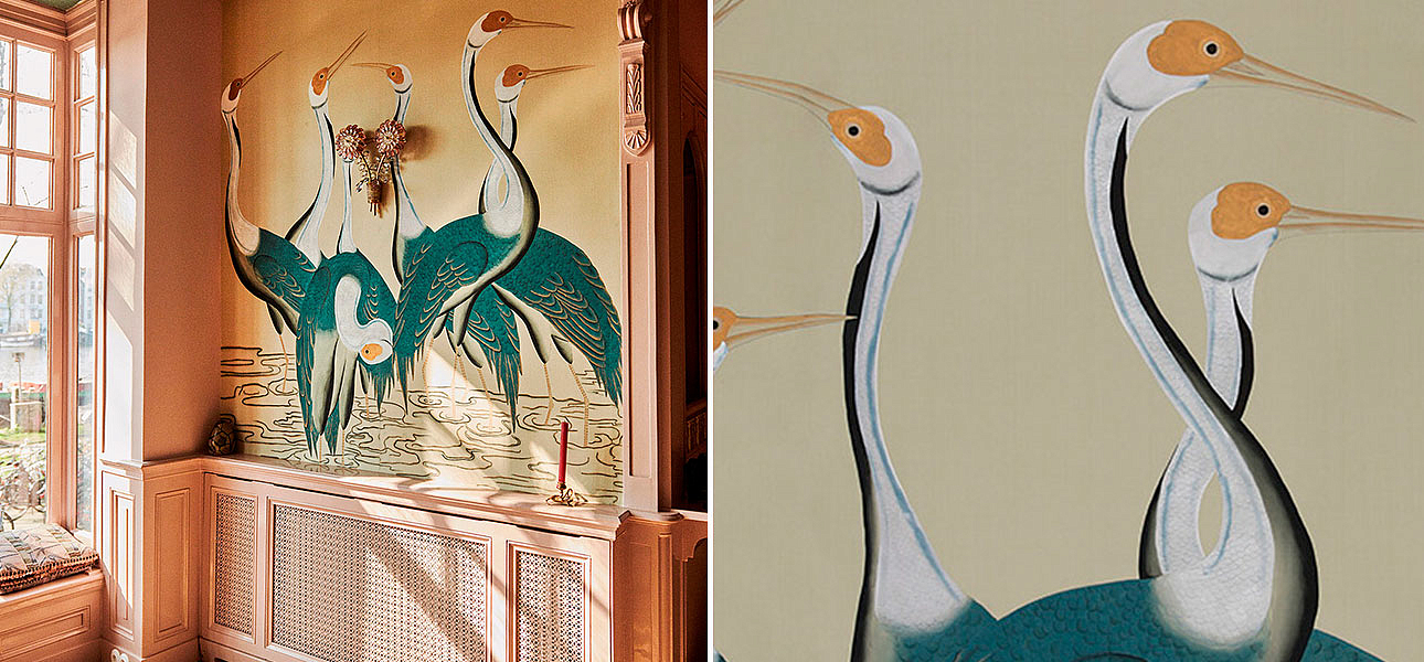 Обои ручная роспись Sarus Cranes Colourway SC-208 on Icefield dyed silk Обои ручная роспись Sarus Cranes Colourway SC-208 on Icefield dyed silk - Loft-Concept в Рязани