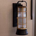 Настенный фонарь цилиндрической формы с рифленым стеклом в золотом каркасе на черном прямоугольном основании Eurofase варинант исполнения - 9 | Loft Concept в Рязани