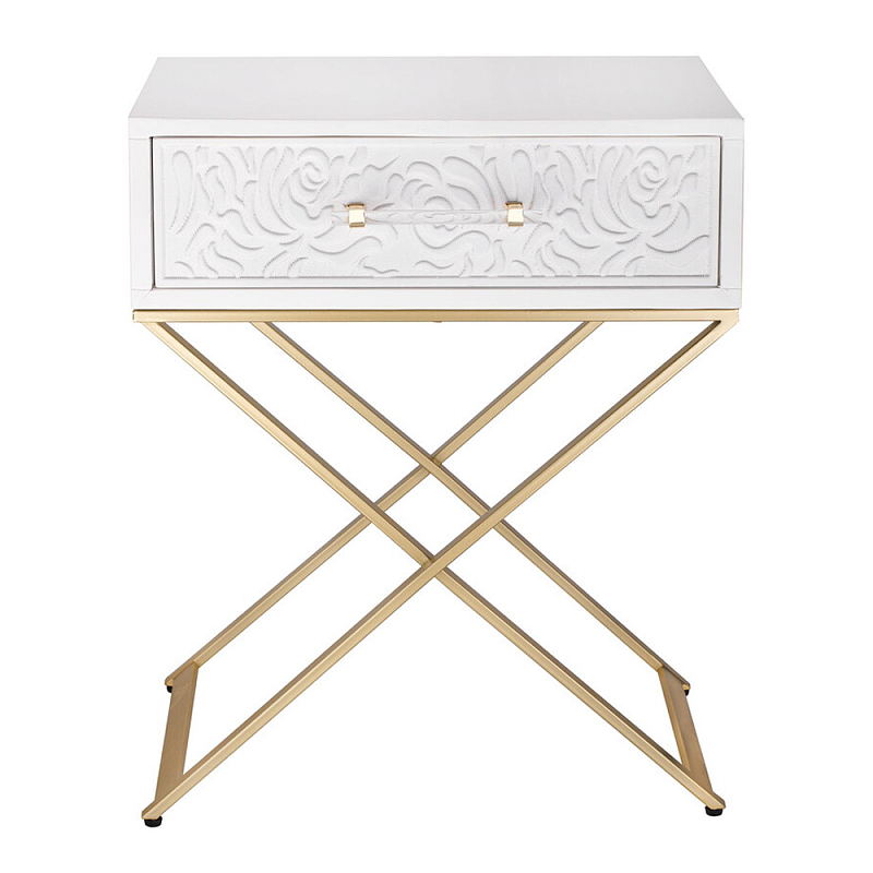Приставной столик с выдвижным ящиком  White Table Carved Pattern Белый Золотой в Рязани | Loft Concept 