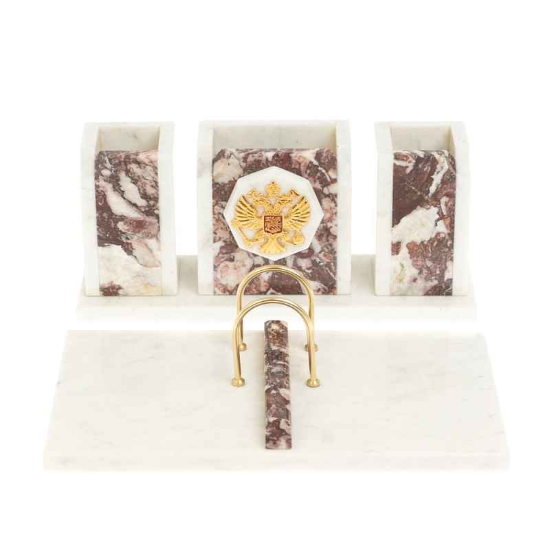 Настольный письменный набор из мрамора и креноида с гербом России Marble Accessory Белый Золотой Креноид Настольный письменный набор из мрамора и креноида с гербом России Marble Accessory Белый Золотой Креноид в Рязани | Loft Concept