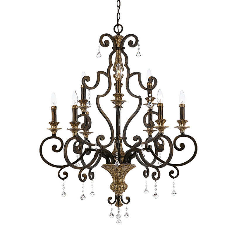 Люстра с подвесками из прозрачного стекла на кованом каркасе бронзового цвета в классическом стиле Quoizel Бронза Прозрачное Стекло Золотой в Рязани | Loft Concept 