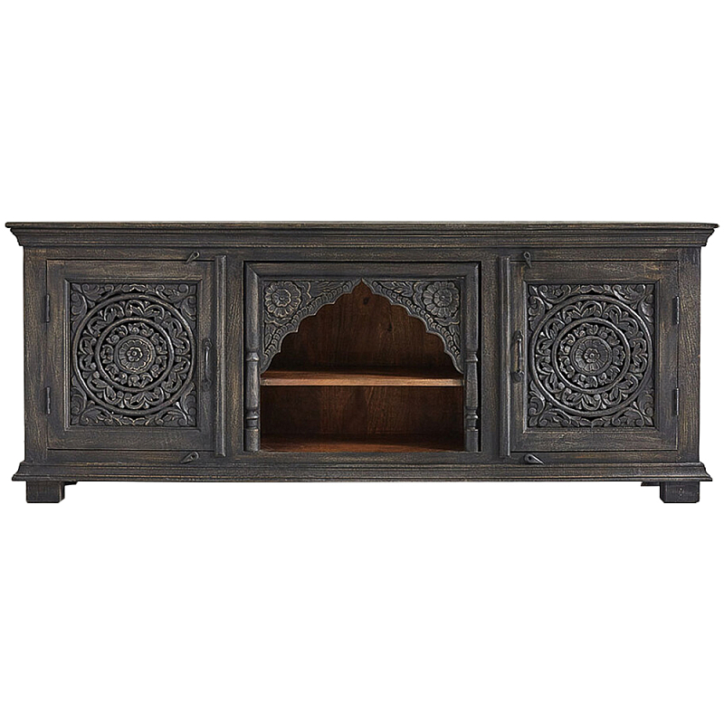 Деревянная ТВ-тумба из массива манго с резьбой Essua Grey Mango TV stand Темно-серый Коричневый Деревянная ТВ-тумба из массива манго с резьбой Essua Grey Mango TV stand Темно-серый Коричневый в Рязани | Loft Concept