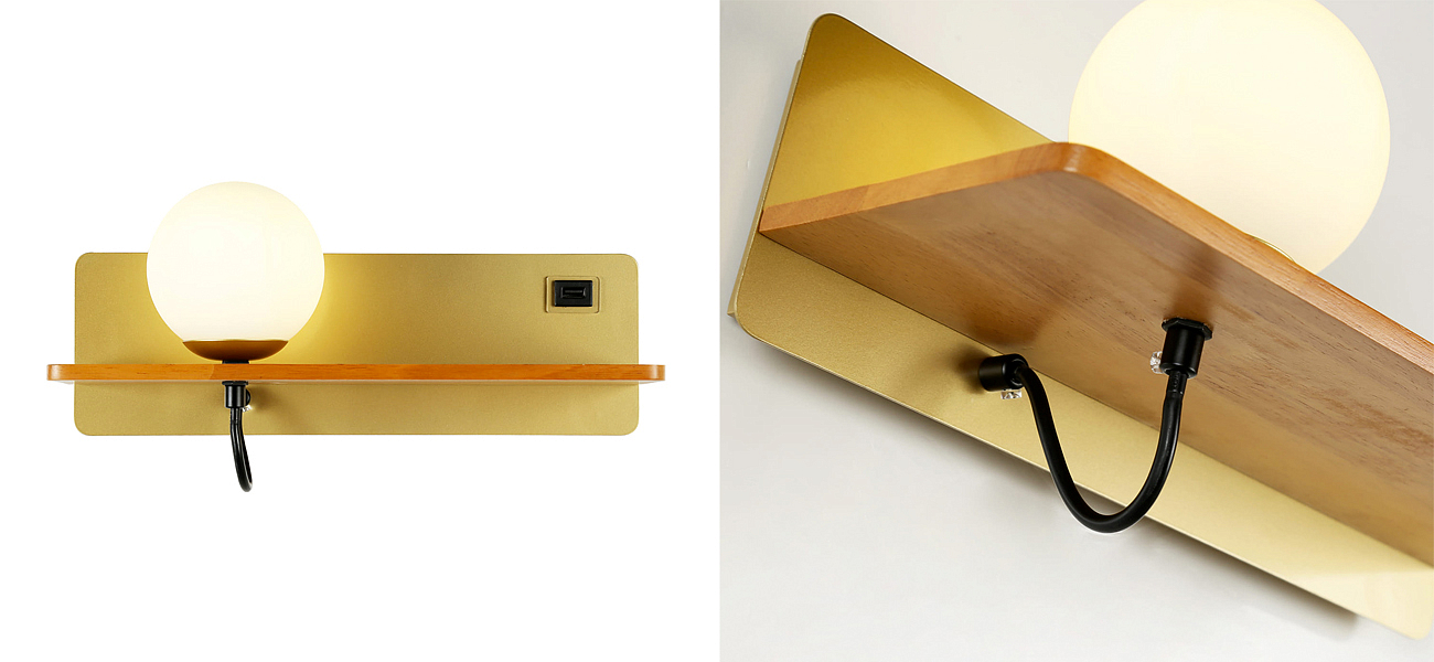 Бра с полкой Gold GAVIN WOOD USB Бра с полкой Gold GAVIN WOOD USB - Loft-Concept в Рязани