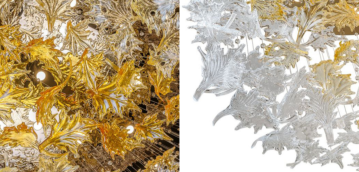 Большая круглая люстра с подвесками в виде листьев Amber Leaf Fall Light Chandelier Gold Большая круглая люстра с подвесками в виде листьев Amber Leaf Fall Light Chandelier Gold - Loft-Concept в Рязани
