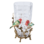 Ваза стеклянная прозрачная с бронзовым основанием в виде ветвей и фарфоровыми птичками Eden Garden варинант исполнения - 1 | Loft Concept в Рязани