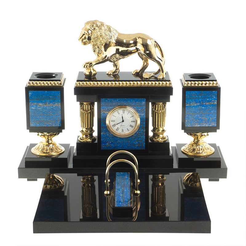 Настольный письменный набор из лазурита с декором в виде льва Golden Lion Лазурь Бронза Настольный письменный набор из лазурита с декором в виде льва Golden Lion Лазурь Бронза в Рязани | Loft Concept