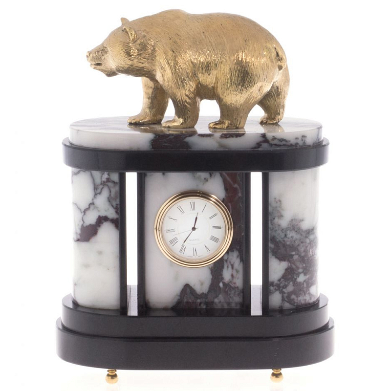 Часы настольные бронзовые с декором в виде медведя Bear Stone Clock Черный Бронза Коричневый Белый Часы настольные бронзовые с декором в виде медведя Bear Stone Clock Черный Бронза Коричневый Белый в Рязани | Loft Concept