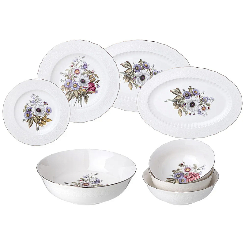 Обеденный сервиз из фарфора с рисунком цветов на 6 персон 23 предмета Garden Whisper Porcelain Set Белый Мульти Обеденный сервиз из фарфора с рисунком цветов на 6 персон 23 предмета Garden Whisper Porcelain Set Белый Мульти в Рязани | Loft Concept