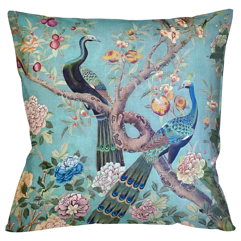 Подушка декоративная с изображением птиц в саду Chinoiserie Garden Two Peacocks Cushion Бирюзовый Мульти Подушка декоративная с изображением птиц в саду Chinoiserie Garden Two Peacocks Cushion Бирюзовый Мульти в Рязани | Loft Concept