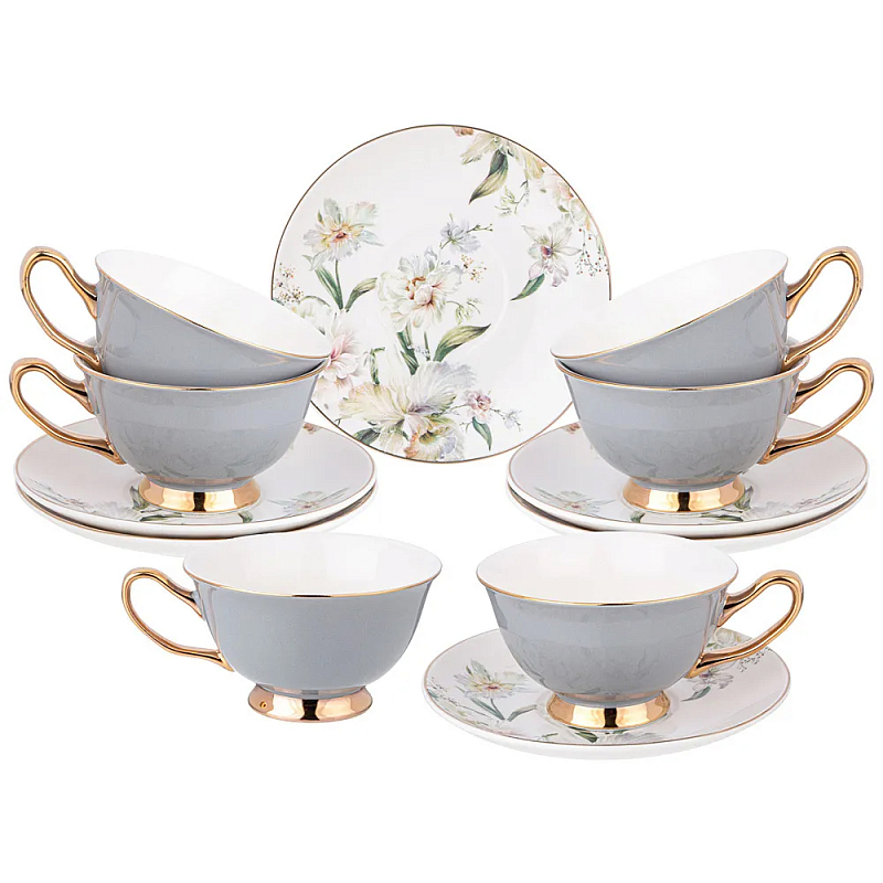 Чайный набор из фарфора на 6 персон Grey Tea Porcelain Set Белый Золотой Серый Чайный набор из фарфора на 6 персон Grey Tea Porcelain Set Белый Золотой Серый в Рязани | Loft Concept
