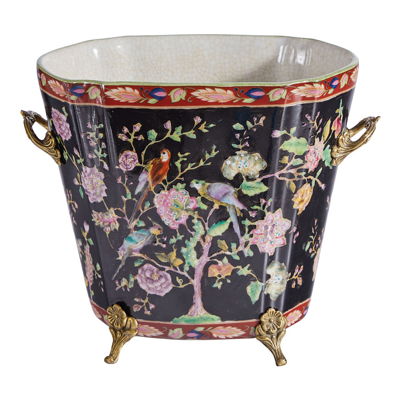 Кашпо из фарфора черная с цветочной росписью и бронзовой стрекозой Spring Garden Мульти Бронза Черный в Рязани | Loft Concept 