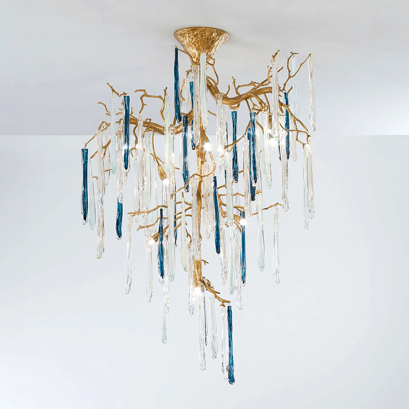Люстра с прозрачными и голубыми подвесками в форме капель Droplet Chandelier Золотой Прозрачный Синий Люстра с прозрачными и голубыми подвесками в форме капель Droplet Chandelier Золотой Прозрачный Синий в Рязани | Loft Concept