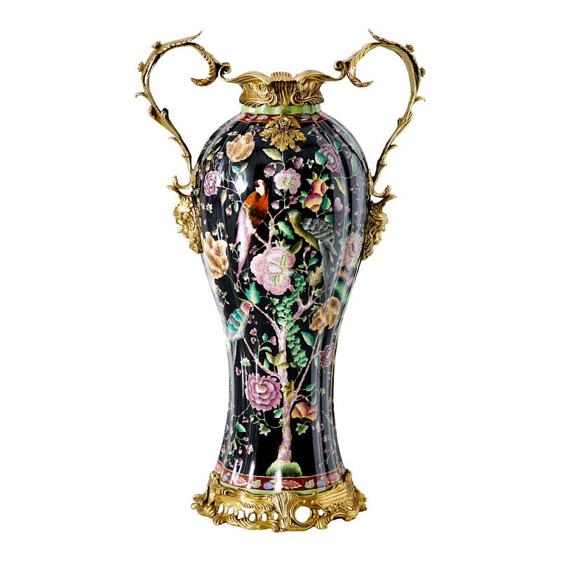 Ваза из фарфора черная с цветочной росписью и бронзовыми элементами Spring Garden Бронза Мульти Черный в Рязани | Loft Concept 