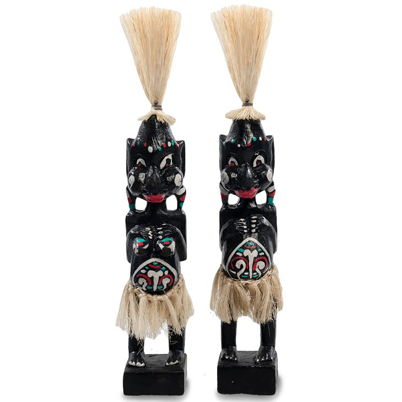 Комплект из 2-х деревянных статуэток Asmat Straw Headdress Statuettes Black Turquoise Черный Бежевый Белый Бирюзовый Мульти Комплект из 2-х деревянных статуэток Asmat Straw Headdress Statuettes Black Turquoise Черный Бежевый Белый Бирюзовый Мульти в Рязани | Loft Concept