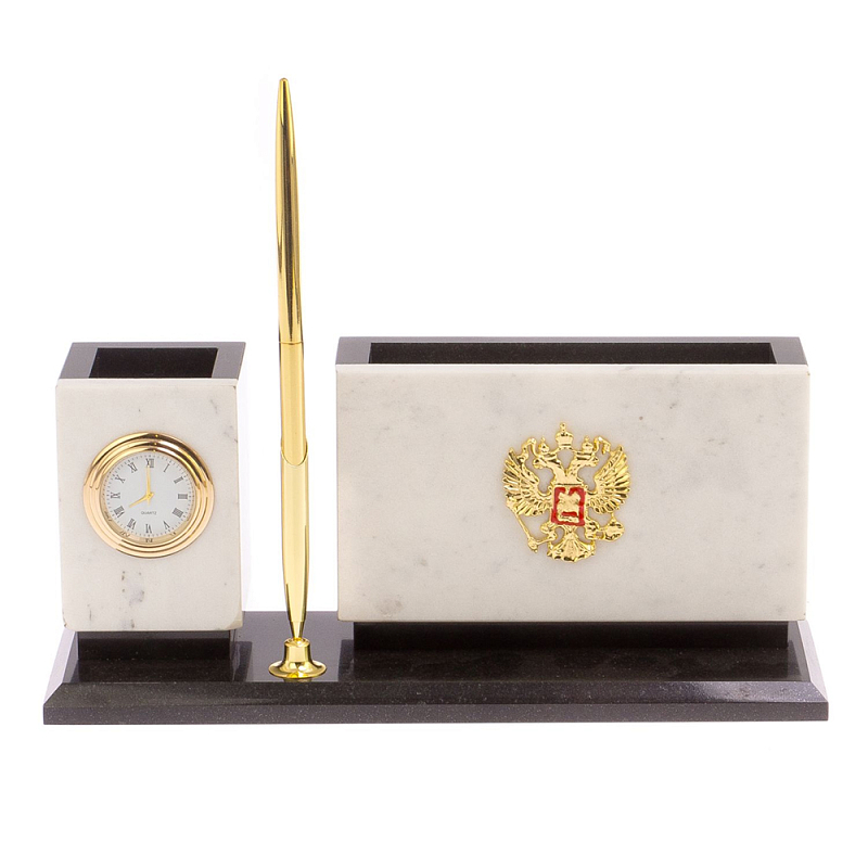 Настольный письменный набор из мрамора с часами и ручкой Marble Accessory Золотой Белый Мрамор Bianco Черный в Рязани | Loft Concept 