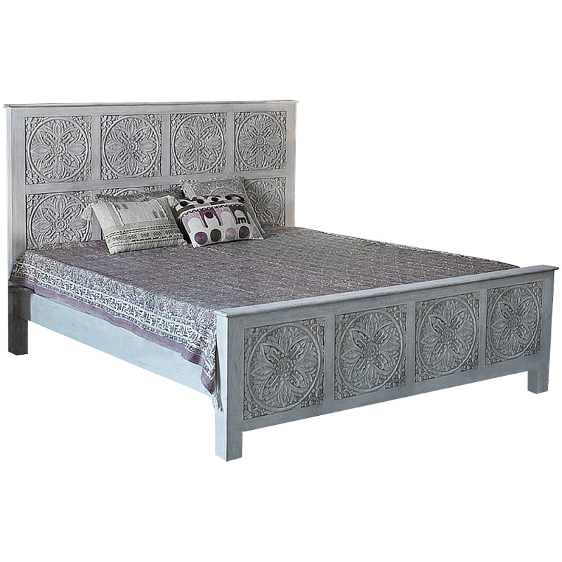 Двуспальная кровать из массива манго с резьбой Floro Grey Mango Bed Бежевый Двуспальная кровать из массива манго с резьбой Floro Grey Mango Bed Бежевый в Рязани | Loft Concept