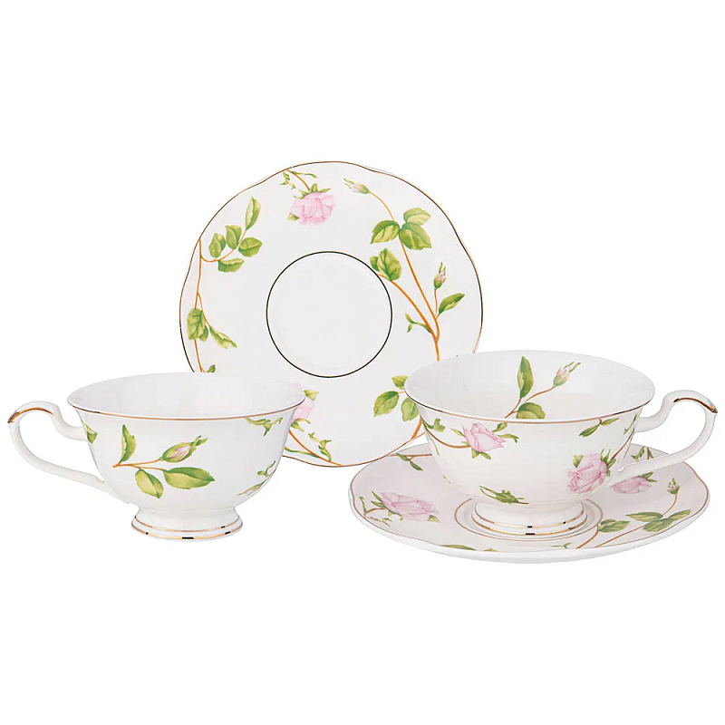 Чайный набор из фарфора белый с цветочным принтом на 2 персоны 4 предмета Flower Porcelain Collection Белый Мульти в Рязани | Loft Concept 