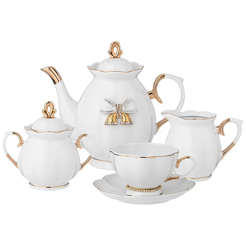 Чайный сервиз из фарфора со стразами на 6 персон 15 предметов Shine Porcelain Белый Золотой Чайный сервиз из фарфора со стразами на 6 персон 15 предметов Shine Porcelain Белый Золотой в Рязани | Loft Concept