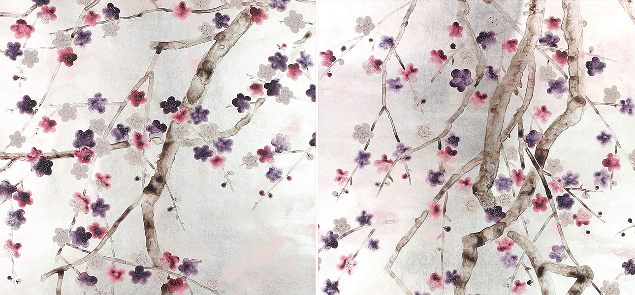Обои ручная роспись Plum Blossom Colourway SC-228 on Tarnished Silver gilded paper with pearlescent antiquing Обои ручная роспись Plum Blossom Colourway SC-228 on Tarnished Silver gilded paper with pearlescent antiquing - Loft-Concept в Рязани