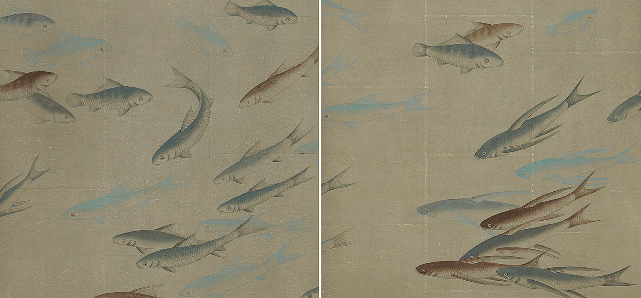 Обои ручная роспись Fishes Special Colourway on Lead Grey India tea paper Обои ручная роспись Fishes Special Colourway on Lead Grey India tea paper - Loft-Concept в Рязани
