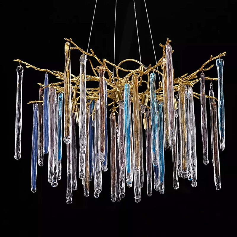 Люстра на подвесе с каркасом из металла и цветными подвесками из стекла Droplet Chandelier Золотой Прозрачный Голубой Янтарный Люстра на подвесе с каркасом из металла и цветными подвесками из стекла Droplet Chandelier Золотой Прозрачный Голубой Янтарный в Рязани | Loft Concept