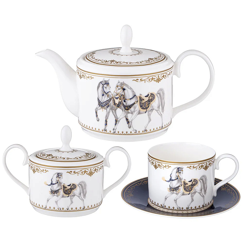 Чайный сервиз из фарфора с изображением лошадей на 6 персон 14 предметов Porcelain Horse Set Белый Синий в Рязани | Loft Concept 