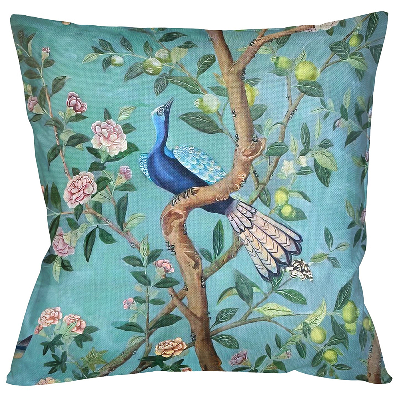 Подушка декоративная с изображением птицы в саду Chinoiserie Bird in the Garden Cushion Мульти Бирюзовый Подушка декоративная с изображением птицы в саду Chinoiserie Bird in the Garden Cushion Мульти Бирюзовый в Рязани | Loft Concept