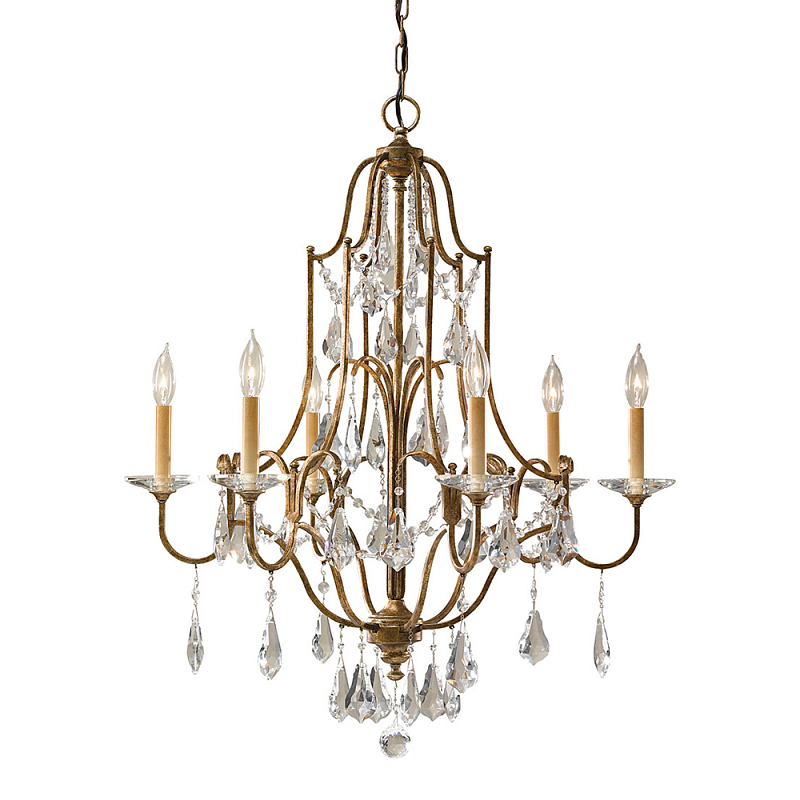 Люстра в бронзовом цвете с 6-ю лампами в форме свечей со стеклянными подвесками в классическом стиле Feiss Бронза Прозрачное Стекло в Рязани | Loft Concept 