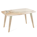 Обеденный стол с прямоугольной бежевой столешницей из стекла на 4-х деревянных ножках Beige Marble варинант исполнения - 1 | Loft Concept в Рязани