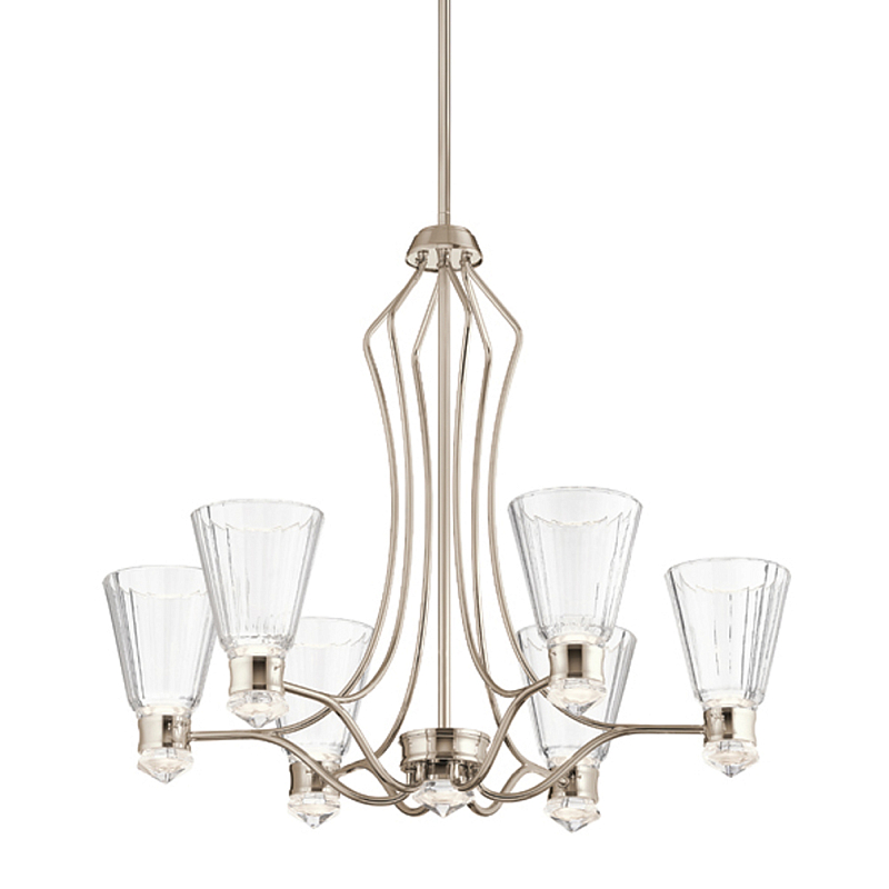 Люстра цвета никель с 6-ю рифлеными стеклянными плафонами и изогнутым каркасом Kichler Никель Белый Прозрачное Стекло в Рязани | Loft Concept 