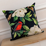 Декоративная подушка чёрная с изображением птиц и цветов Blooming Reds Birds варинант исполнения - 2 | Loft Concept в Рязани