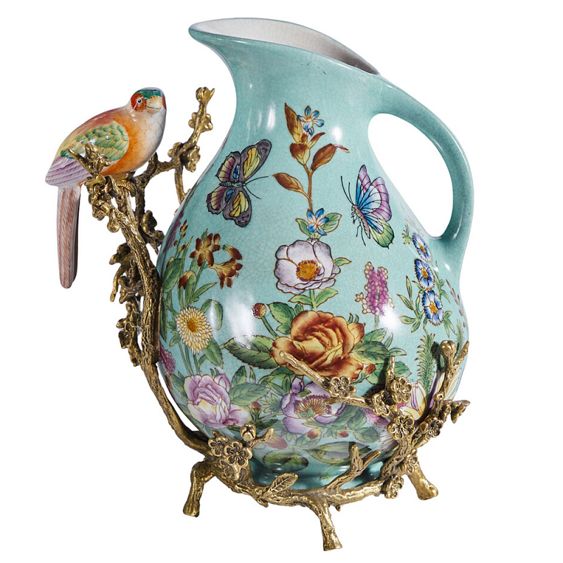 Кувшин с птичкой и  цветочным рисунком Blue Garden Голубой Бронза Мульти в Рязани | Loft Concept 