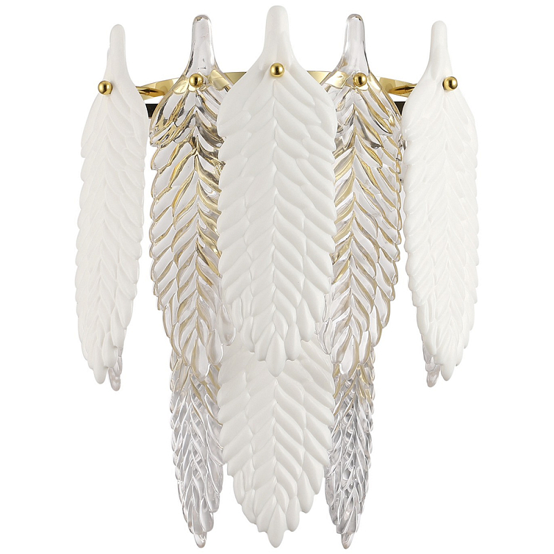 Бра с декором из рельефного стекла в виде перьев Abelia Feather Wall Lamp Золотой Белый Прозрачный Бра с декором из рельефного стекла в виде перьев Abelia Feather Wall Lamp Золотой Белый Прозрачный в Рязани | Loft Concept