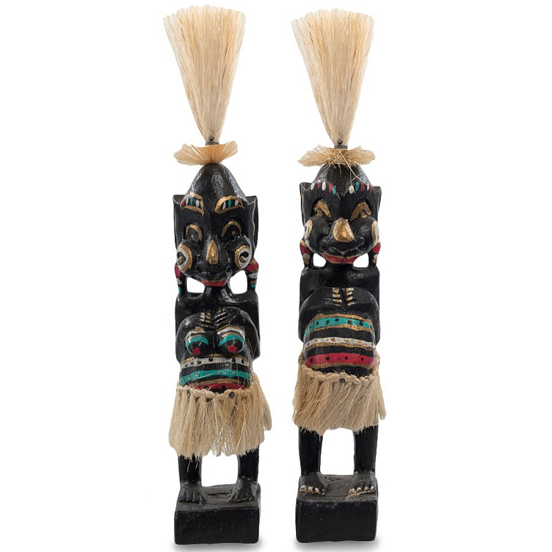 Комплект из 2-х деревянных статуэток Asmat Straw Headdress Statuettes Black Colorful Tattoo Черный Бежевый Мульти Бирюзовый Красный в Рязани | Loft Concept 